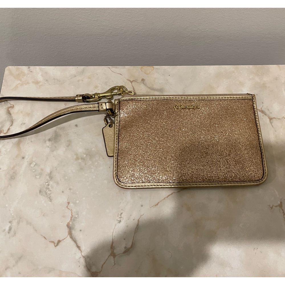 Coach Legacy Small Wristlet Gold Glitter With Leather Trim